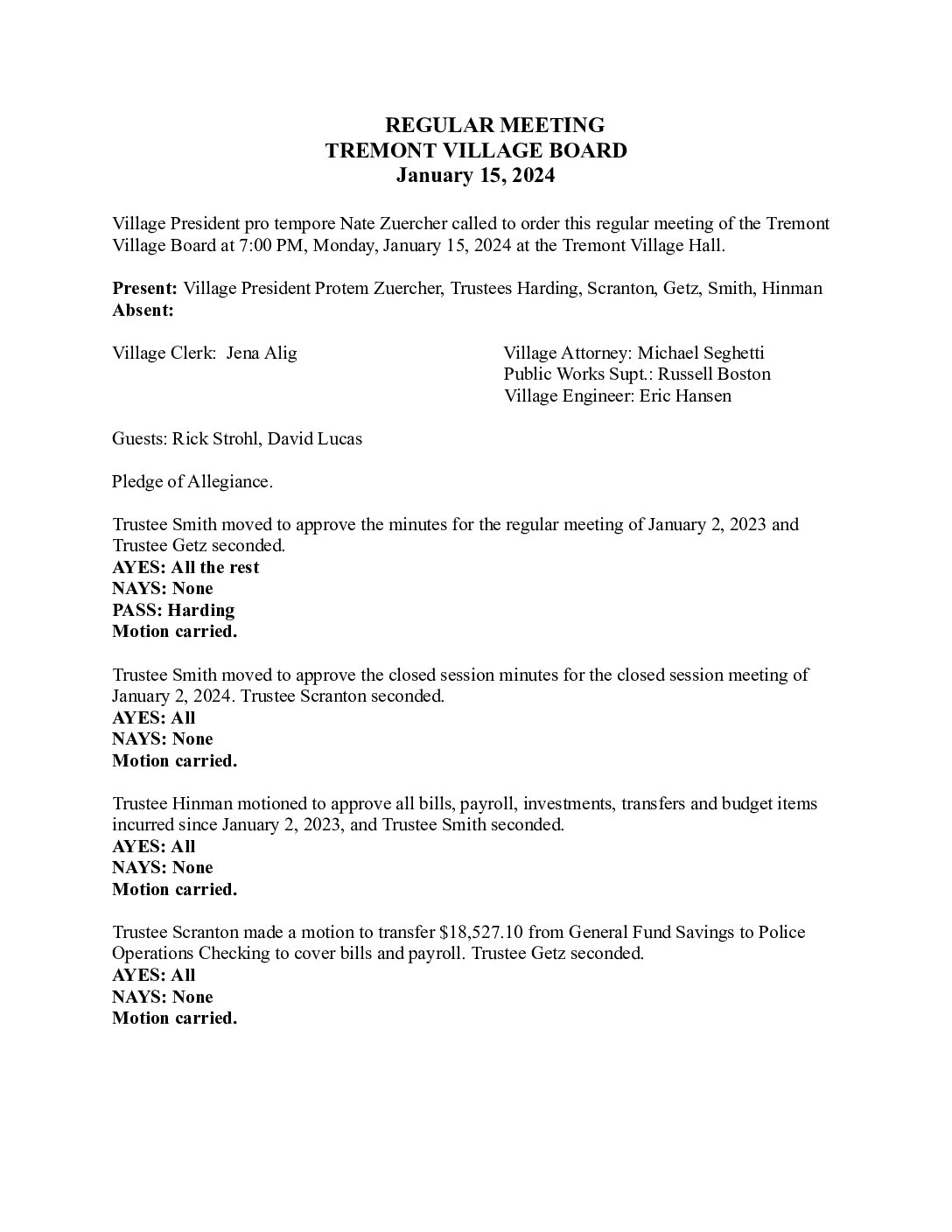 Board Minutes – January 15 2024