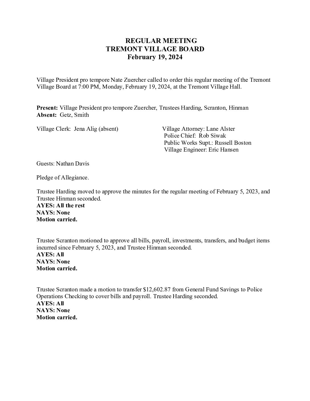 Board Minutes – February 19 2024