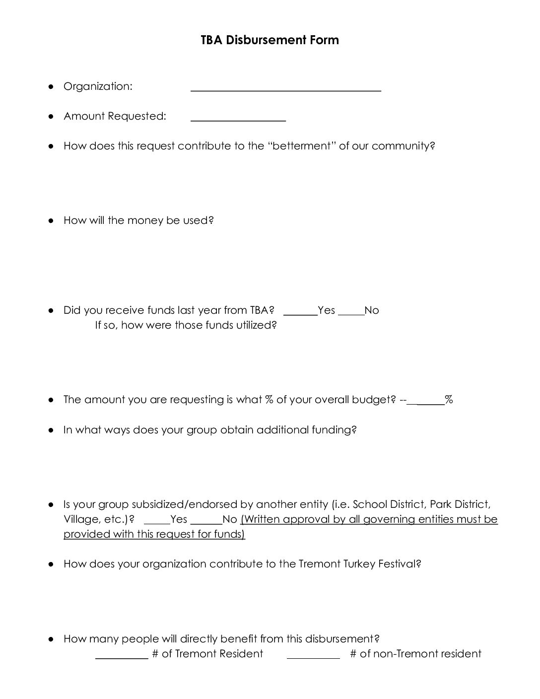 Tremont Betterment Association Disbursement Form