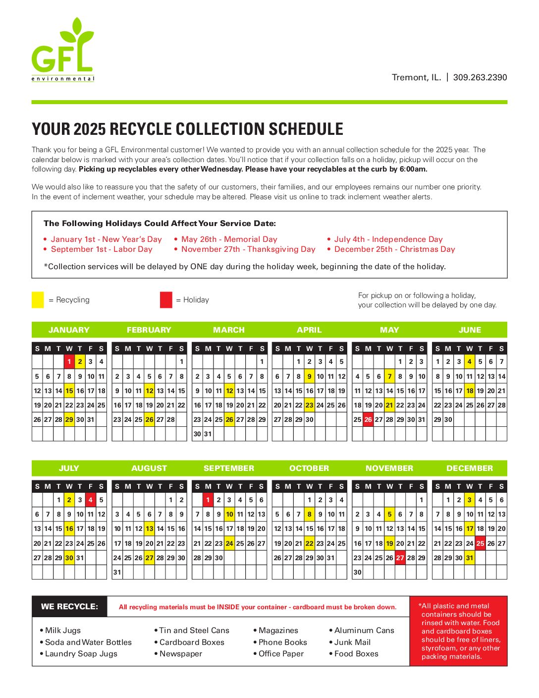 2025 GFL Recycle Collection Schedule
