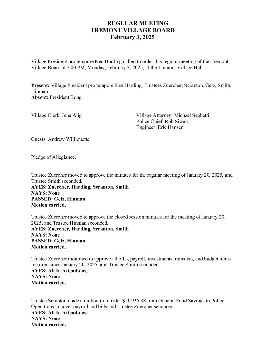 Board Minutes – February 3, 2025
