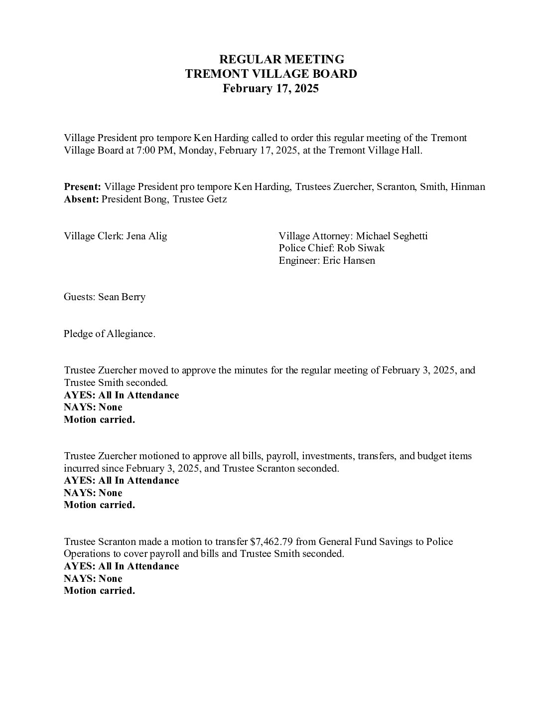 Board Minutes – February 17, 2025