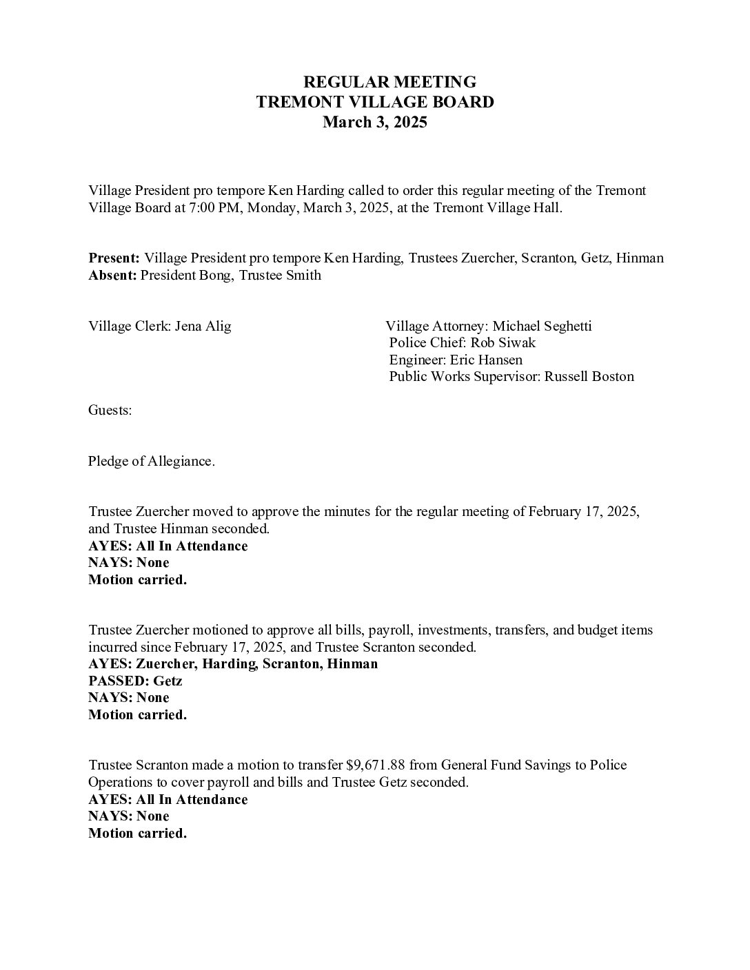 Board Minutes – March 3, 2025