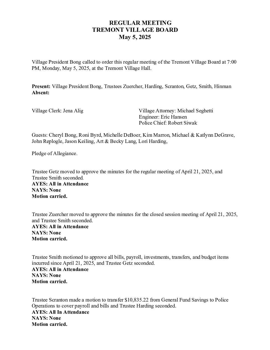 Board Minutes – May 5, 2025
