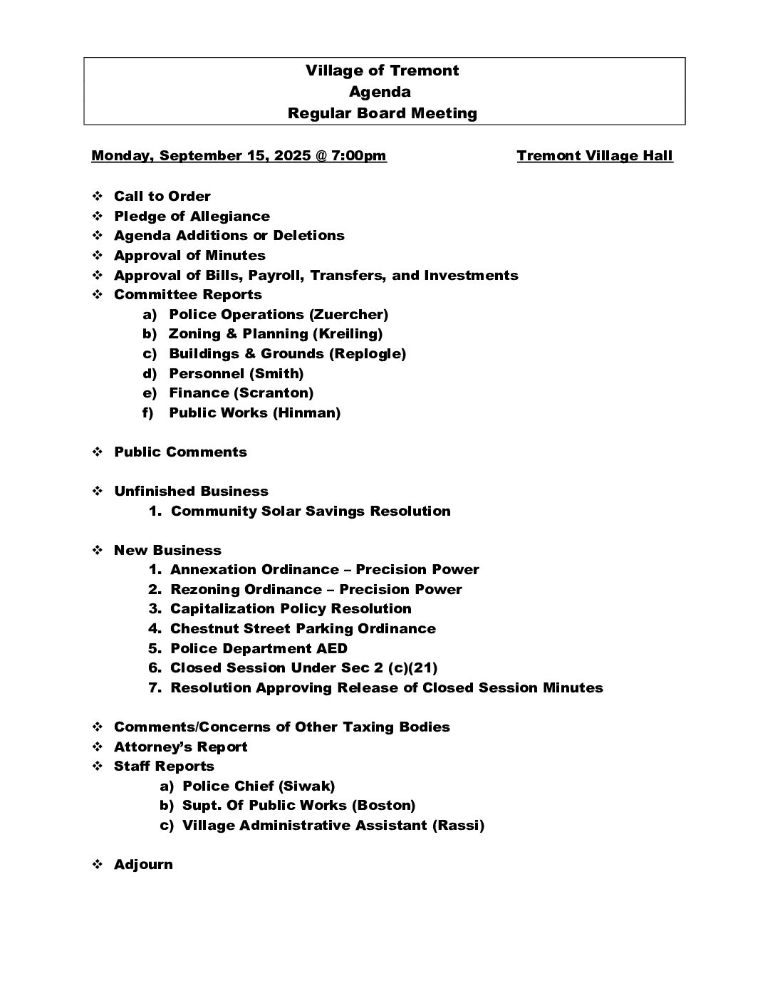 Board Meeting Agenda September 15, 2025
