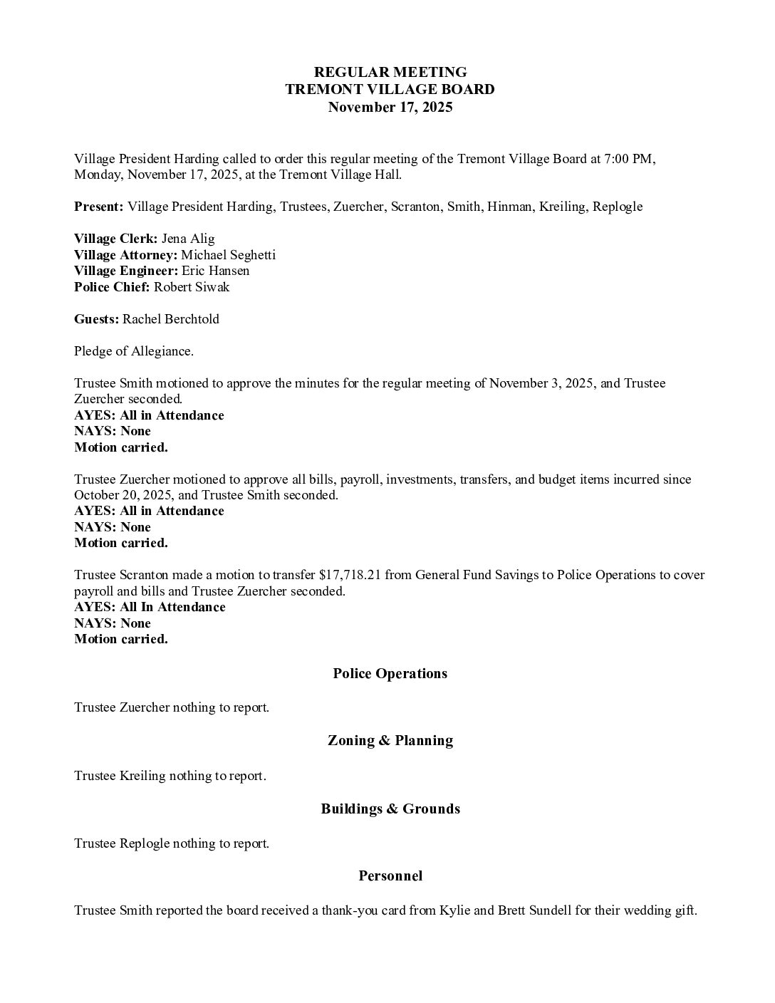 Board Minutes – November 17, 2025