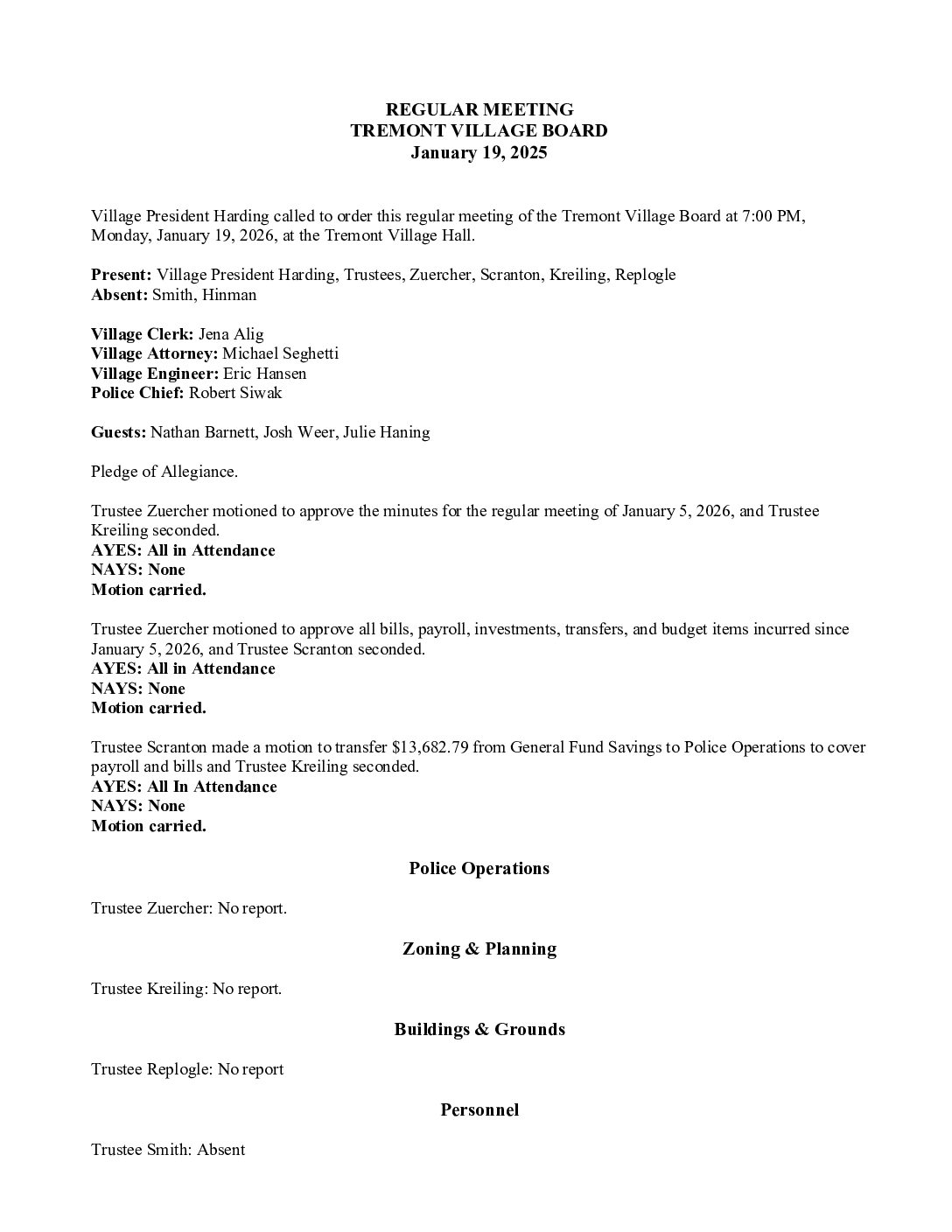 Board Minutes – January 19, 2026