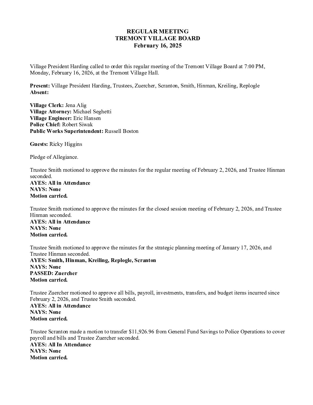 Board Minutes – February 16, 2026