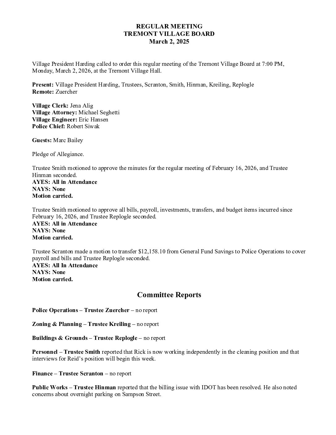 Board Minutes – March 2, 2026