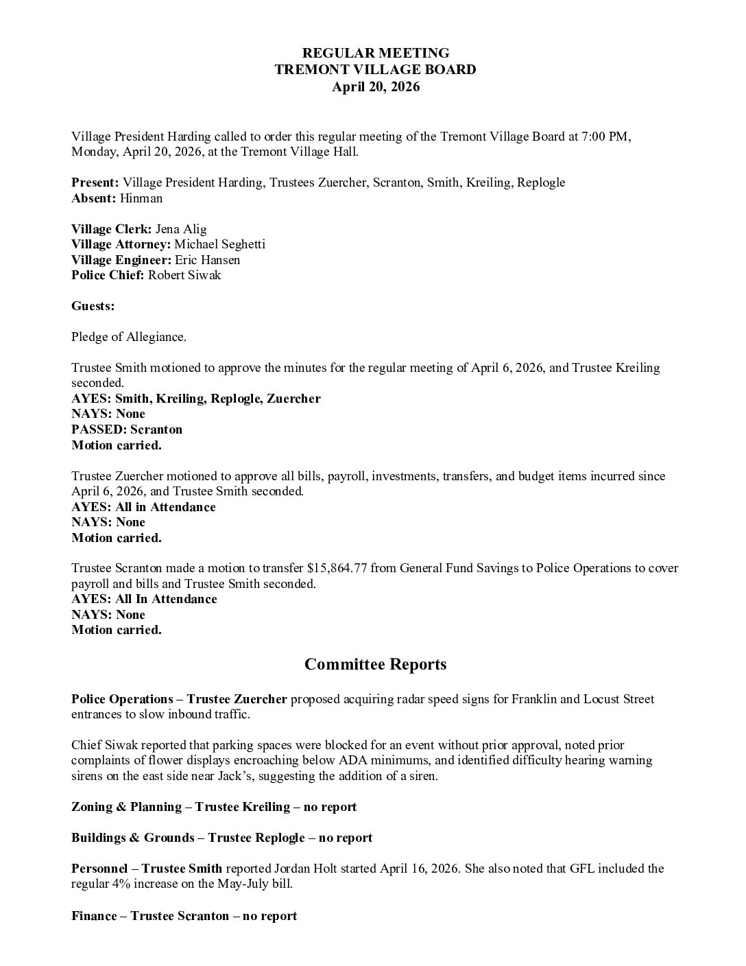 Board Minutes – April 20, 2026