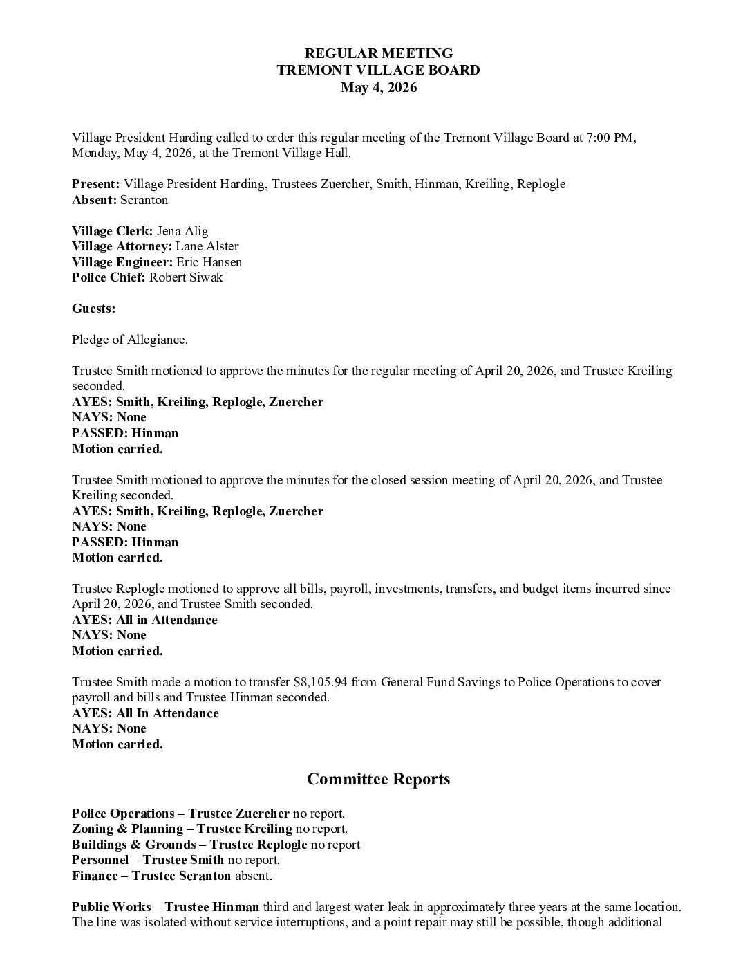 Board Minutes – May 4, 2026