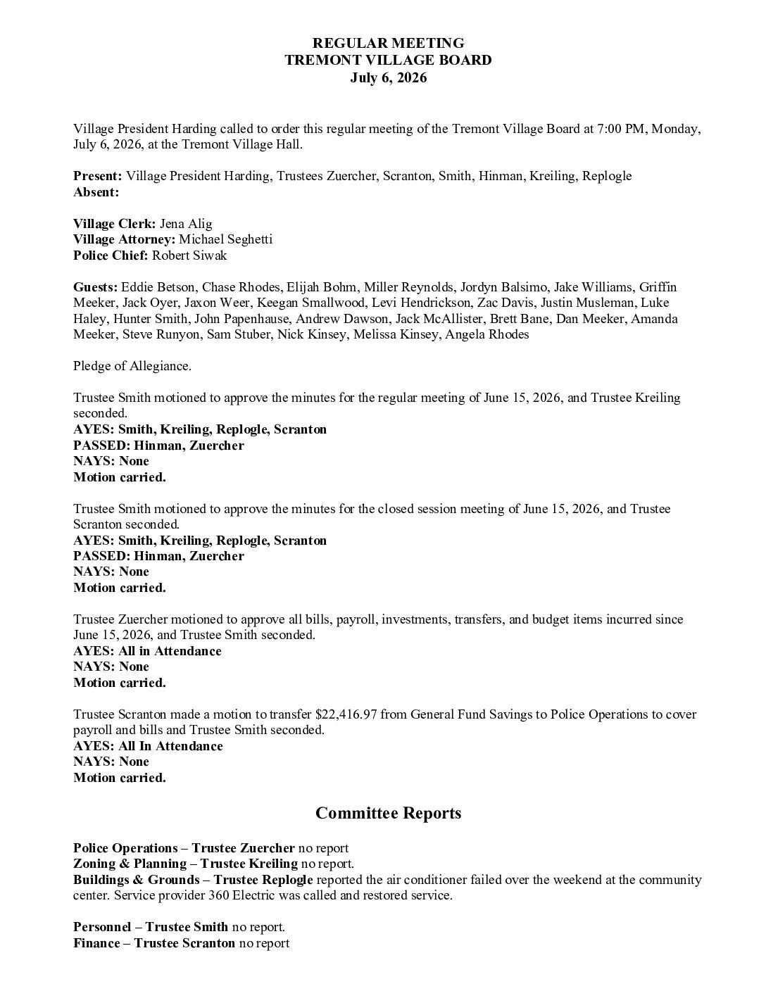 Board Minutes July 6, 2026