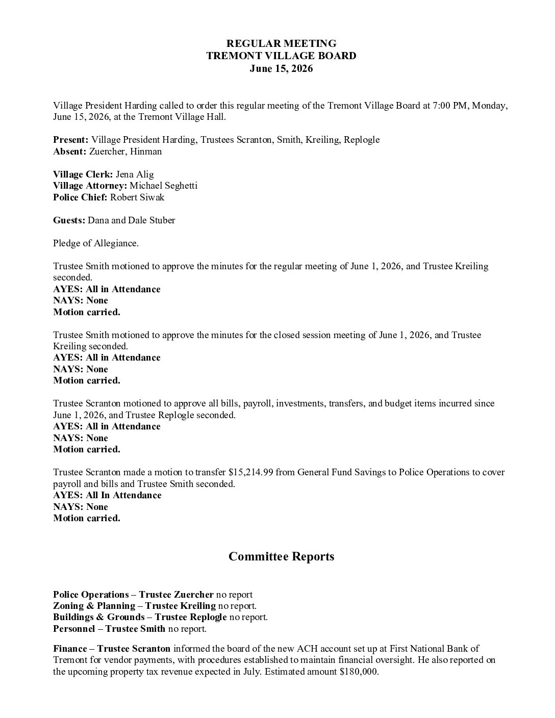 Board Minutes – June 15, 2026