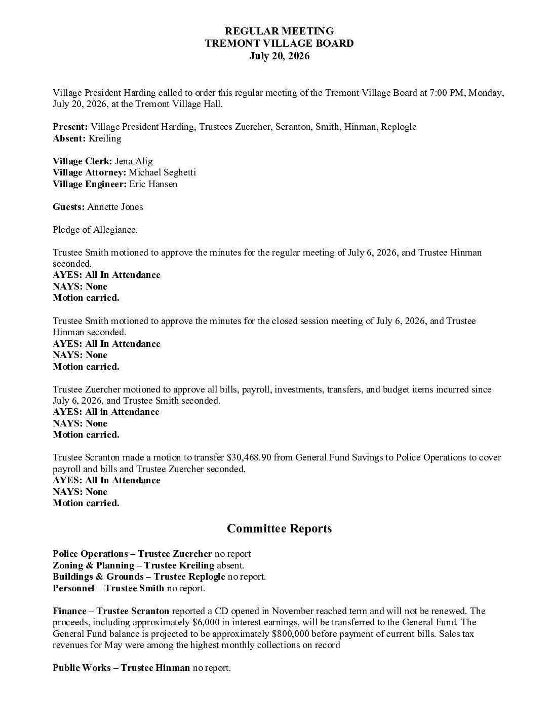 Board Minutes – July 20, 2026